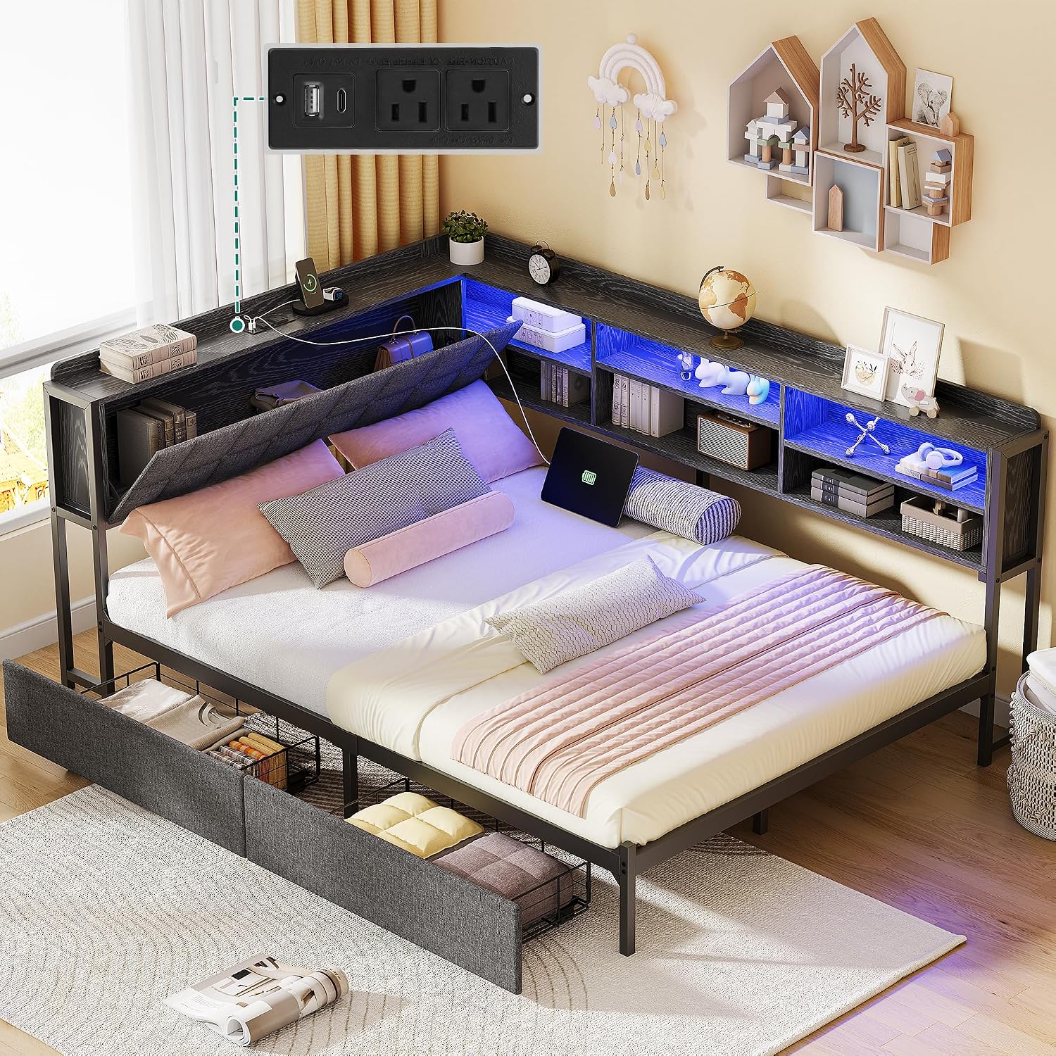 Full Corner Bed Frame with Storage Drawers and Bookcase & Flip-up Storage Headboard, Full Size Platform Corner Bed Frame with Charging Station and LED Lights, Full Daybed for Dorm or Guests, Grey