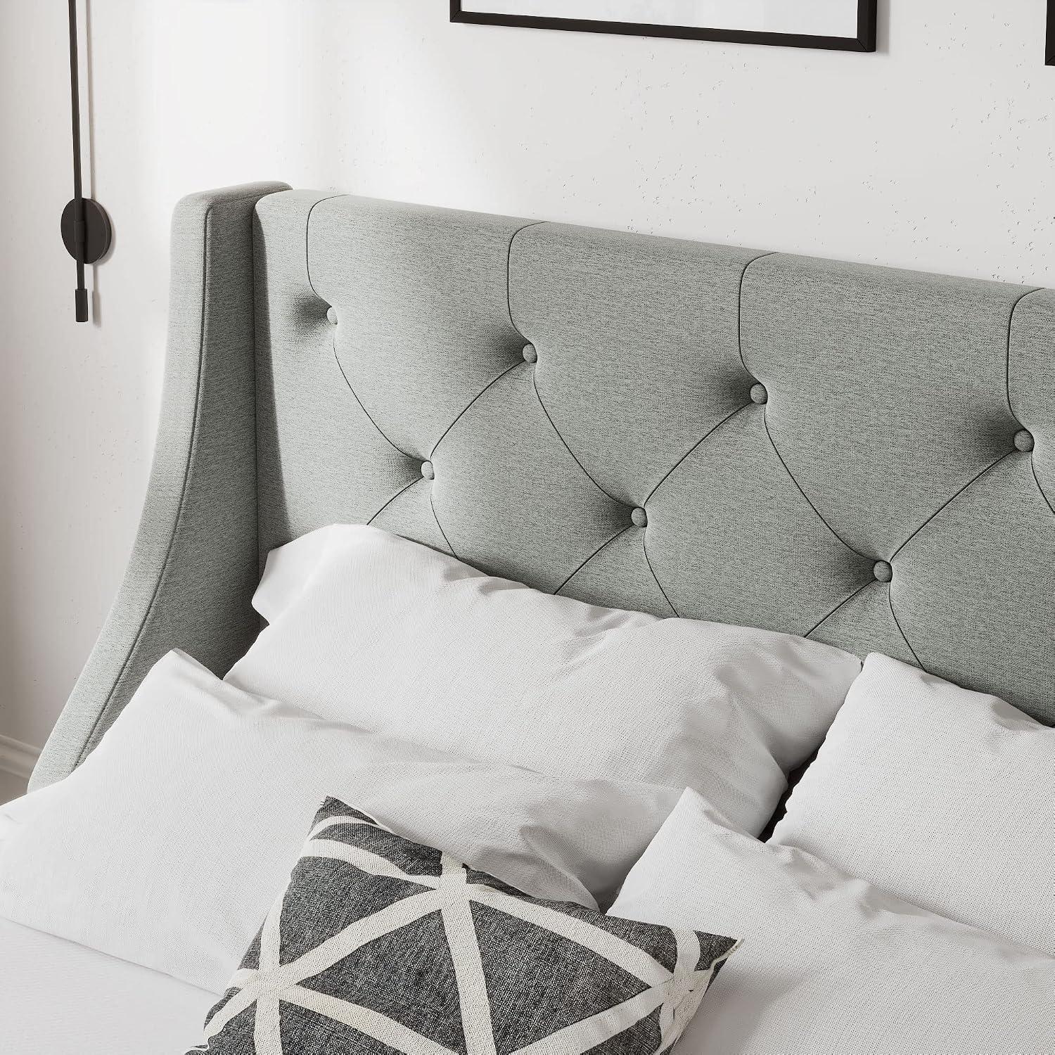 Allewie Queen Bed Frame with 4 Storage Drawers and Wingback Headboard, Button Tufted Design, No Box Spring Needed, Light Grey