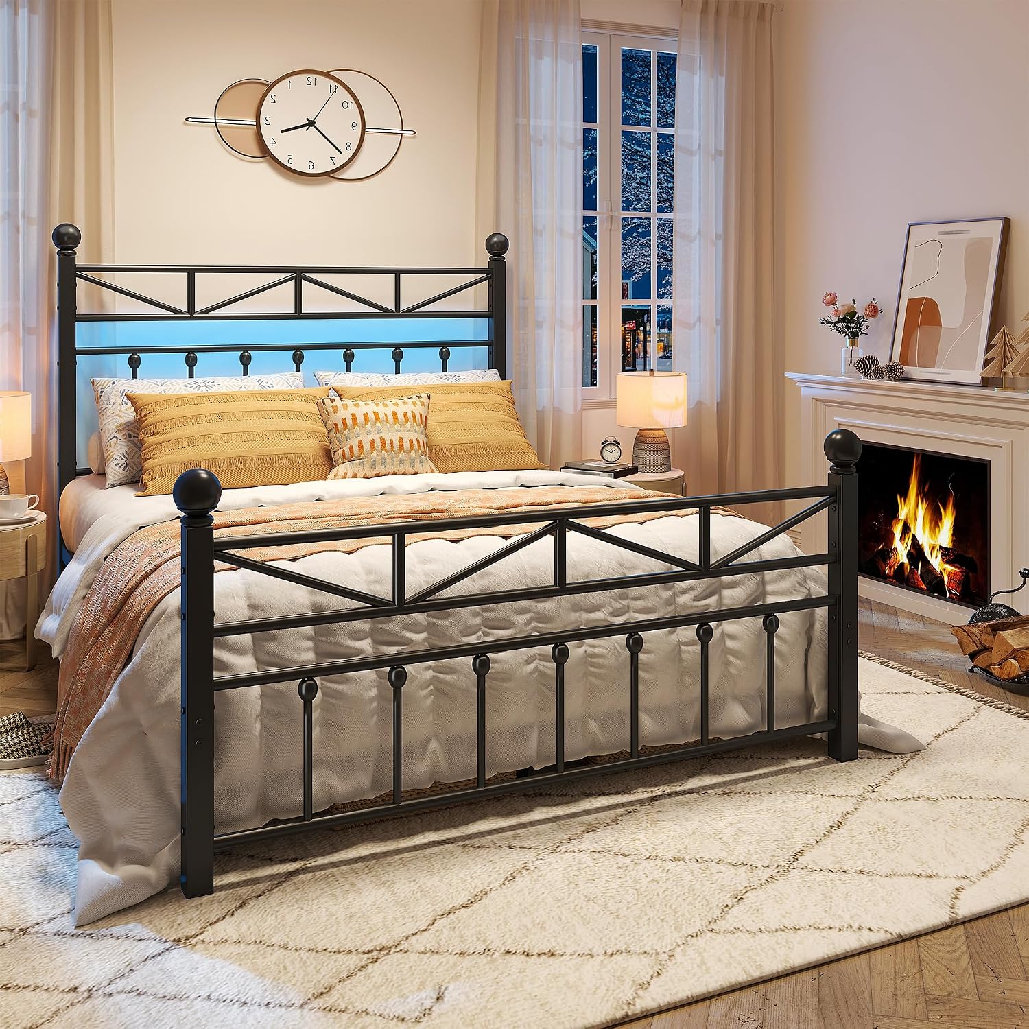 EnHomee 14.2' Metal Full Size Bed Frame with Tall Headboard & Footboard, LED Light Full Bed Frame, Strong Metal Slats Support and Noise-Free Design with Under Bed Storage/No Box Spring Needed/Black