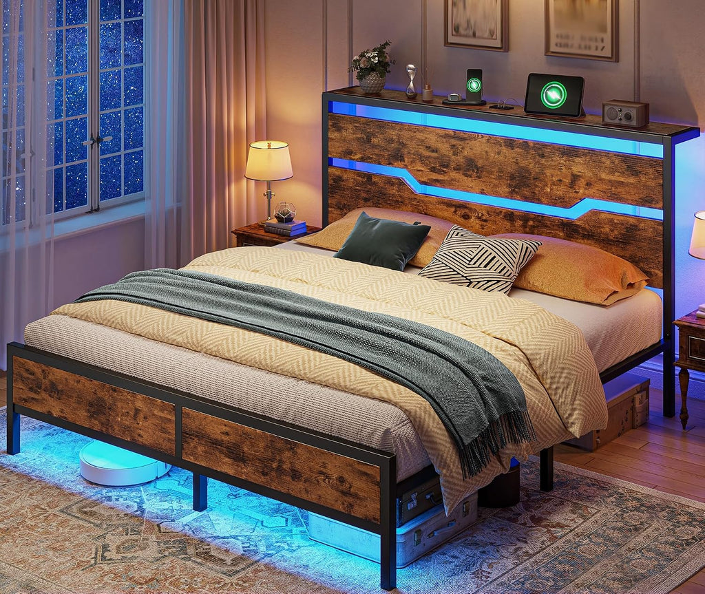 Homkdom Queen Bed Frame with LED Lights & Charging Station, Industrial Metal Platform Bed with 13' Large Under-Bed Storage, Heavy Duty Slats,Noise-Free, No Box Spring Needed,Modern Brown