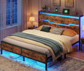 Homkdom Queen Bed Frame with LED Lights & Charging Station, Industrial Metal Platform Bed with 13' Large Under-Bed Storage, Heavy Duty Slats,Noise-Free, No Box Spring Needed,Modern Brown