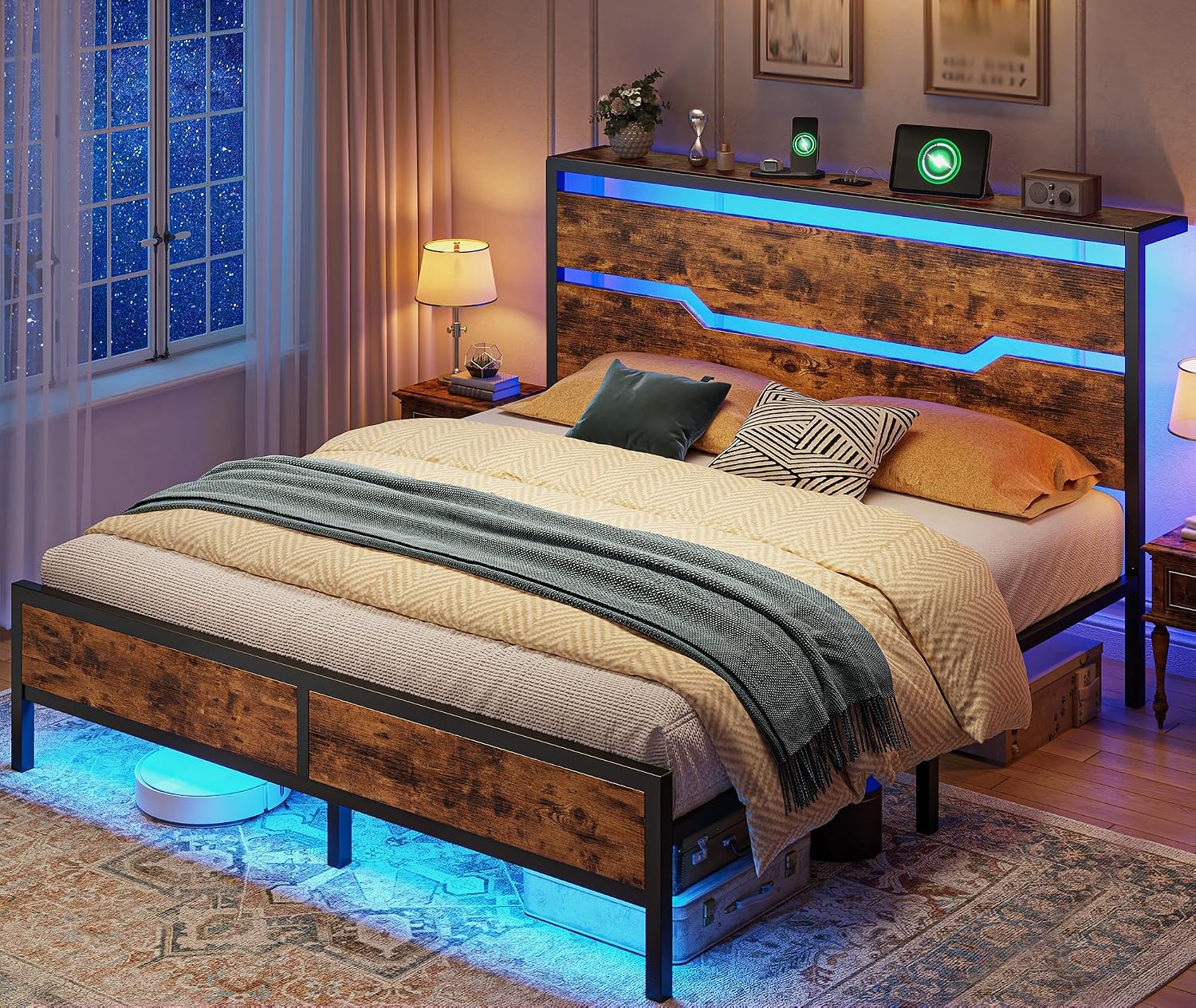 Homkdom Queen Bed Frame with LED Lights & Charging Station, Industrial Metal Platform Bed with 13' Large Under-Bed Storage, Heavy Duty Slats,Noise-Free, No Box Spring Needed,Modern Brown