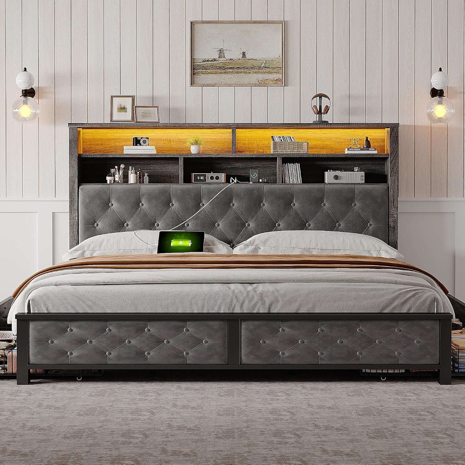 EnHomee King Size Bed Frame with 4 Drawers and Upholstered Storage Headboard,Wooden King Bed Frame with Charging Station and LED Lights,NO Noise,No Box Spring Needed,Gray
