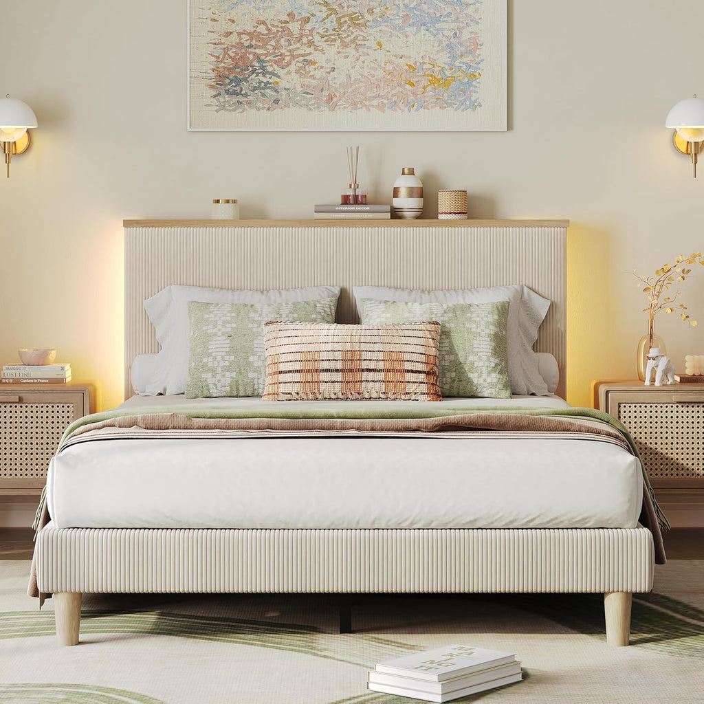 Bestier Full Bed Frame with Adjustable Headboard & LEDLighting, Corduroy Upholstered Platform Bed Frame withStorage Shelf, Solid Wood Slats, No Box Spring Needed,Never Squeak, Easy Assembly, Beige