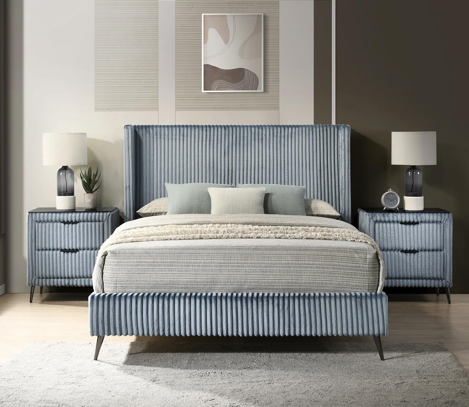 Roundhill Furniture Mavela Wide Wale Corduroy Upholstery Panel Queen Bed with 2 Nightstands and Bench, Blue