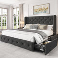 LARMACE Upholstered Queen Size Bed Frame with 4 Storage Drawers and 47.2' Tall Wingback Headboard Tufted Platform Bed Frame Linen Beds with Wooden Slats Support, Easy Assembly, Dark Grey