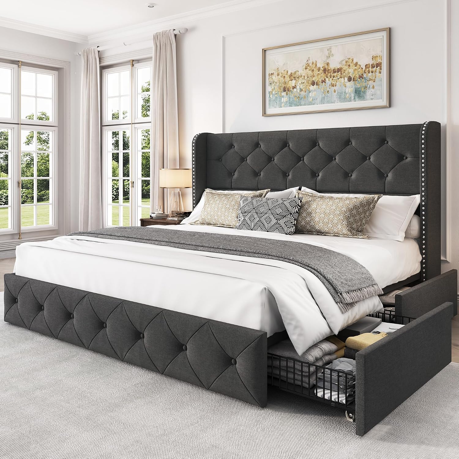 LARMACE Upholstered Queen Size Bed Frame with 4 Storage Drawers and 47.2' Tall Wingback Headboard Tufted Platform Bed Frame Linen Beds with Wooden Slats Support, Easy Assembly, Dark Grey