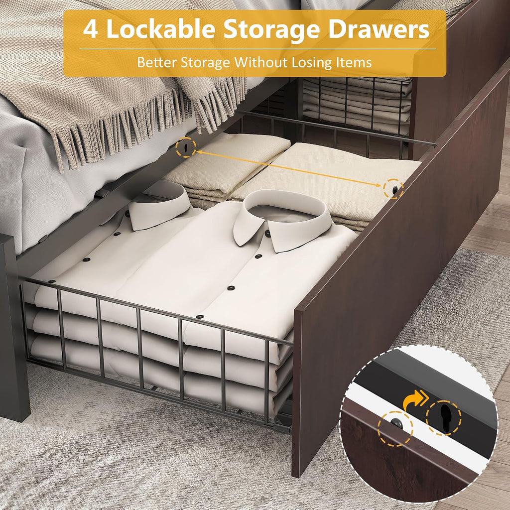 Lifezone Queen Bed Frame with 2-Tier Storage Headboard, Metal Platform Bed Frame with 4 Storage Drawers, Built in Charging Station & LED, Noise-Free/Metal Support/No Box Spring Needed, Coffee Brown
