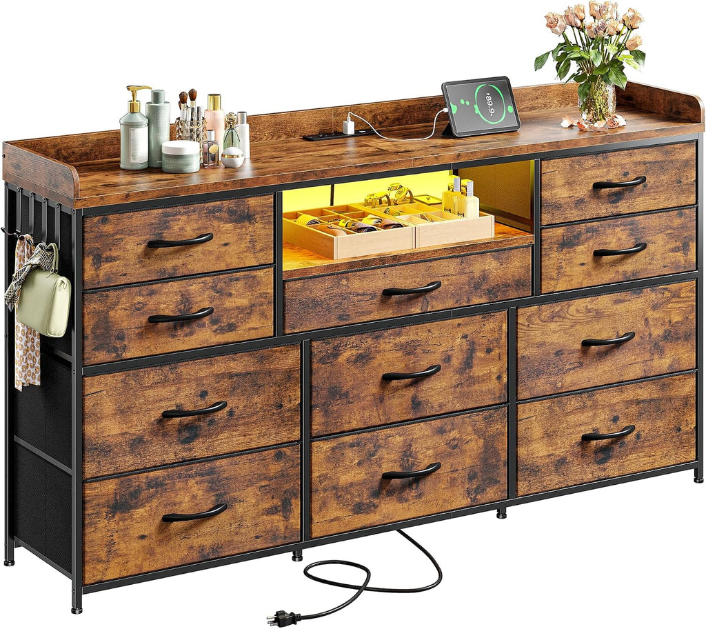 Dresser for Bedroom with LED Lights & Charging Station & 4 Hooks 11 Drawer Dressers & Chests of Drawers Long Fabric Dresser TV Stand for 60 inch TV for Entryway 11.8'D x 47.2'W x 31.5'H Rustic Brown