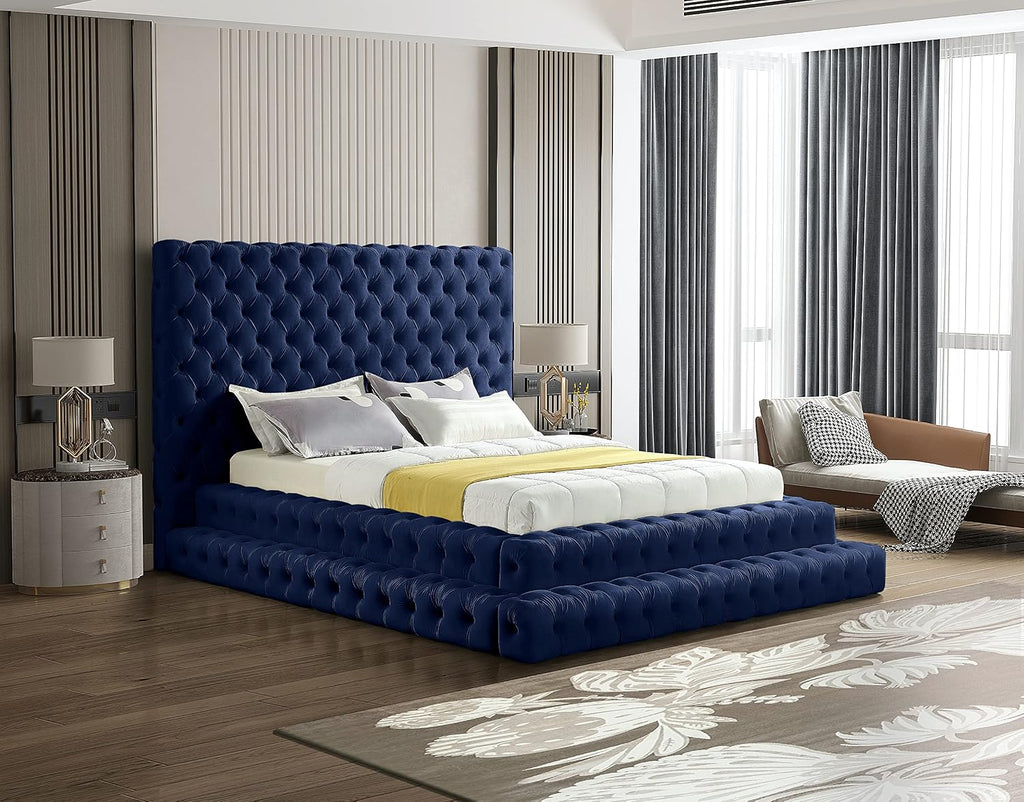 Meridian Furniture RevelNavy-Q Revel Collection Modern | Contemporary Navy Velvet Upholstered Bed with Deep Button Tufting, 85' W x 98' D x 60' H, Navy, Queen