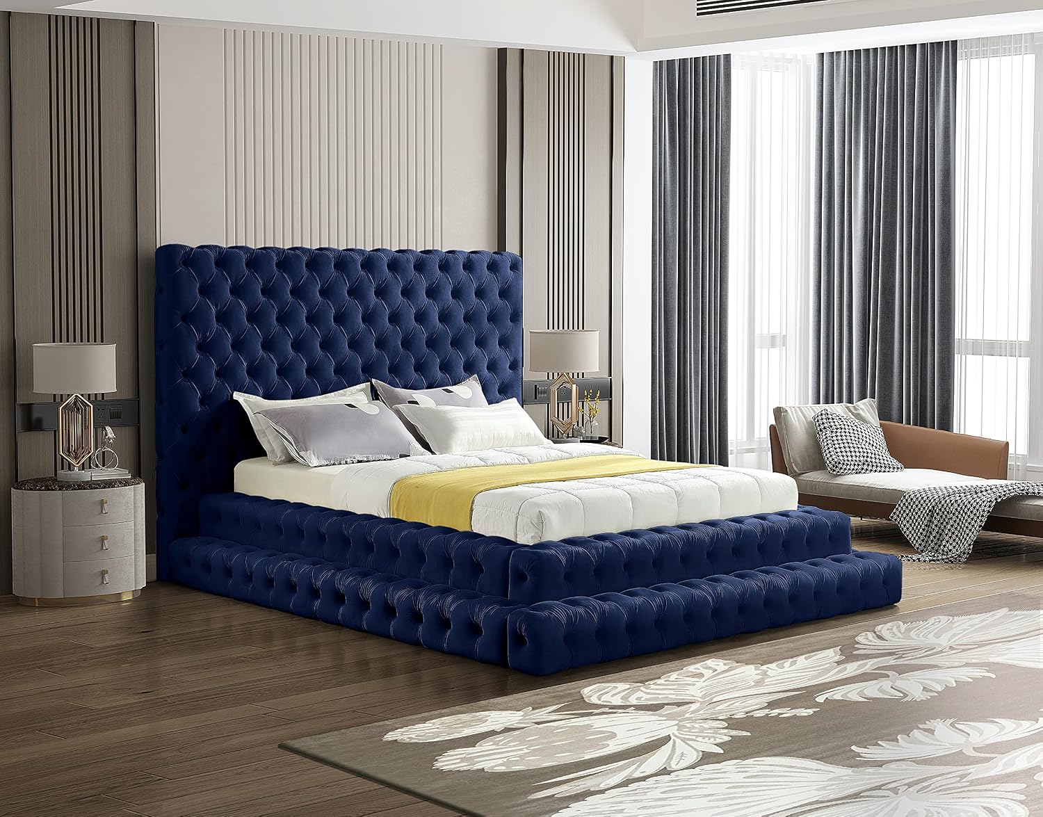 Meridian Furniture RevelNavy-Q Revel Collection Modern | Contemporary Navy Velvet Upholstered Bed with Deep Button Tufting, 85' W x 98' D x 60' H, Navy, Queen