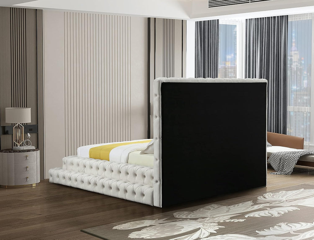 Meridian Furniture RevelCream-Q Revel Collection Modern | Contemporary Cream Velvet Upholstered Bed with Deep Button Tufting, 85' W x 98' D x 60' H, Cream, Queen