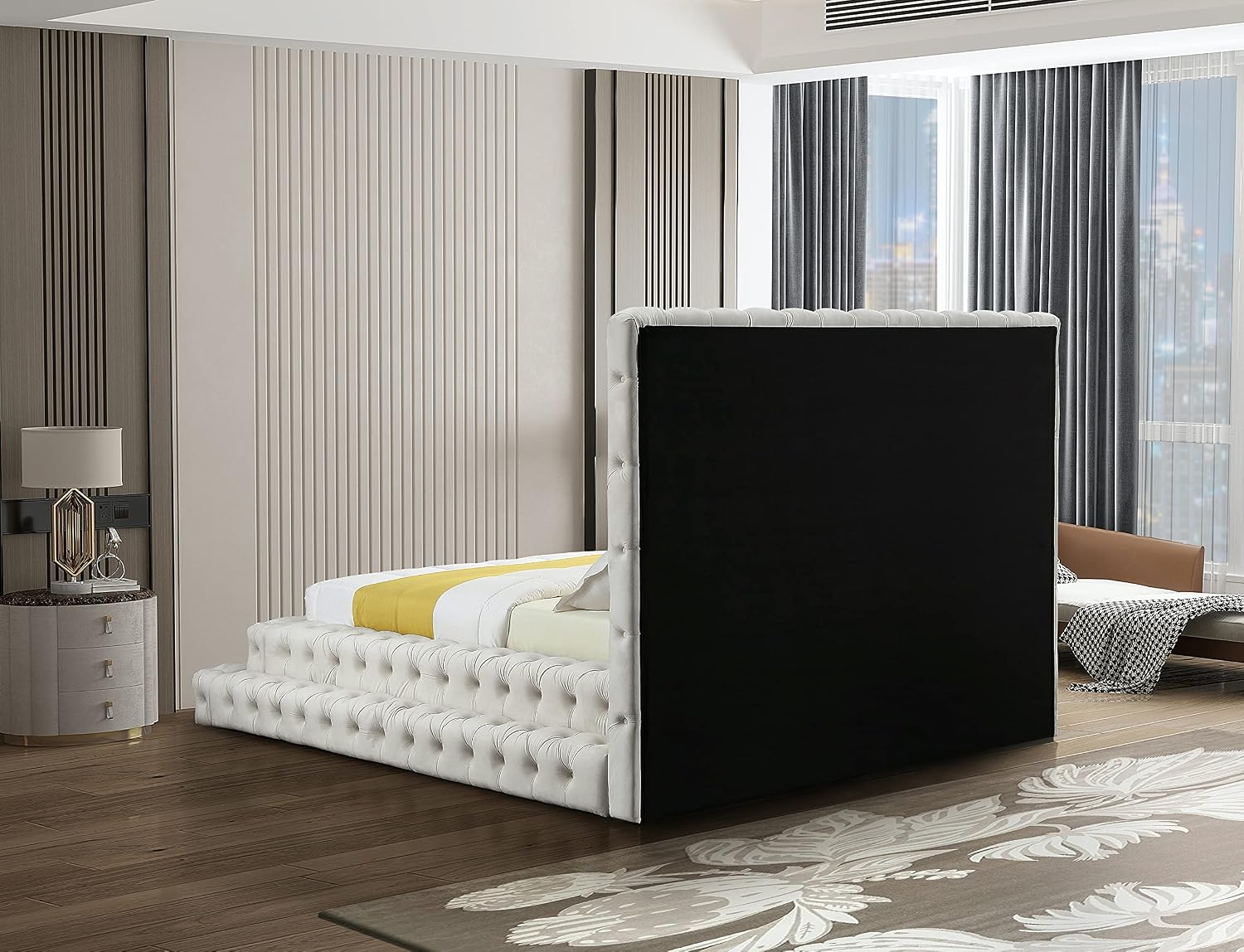 Meridian Furniture RevelCream-Q Revel Collection Modern | Contemporary Cream Velvet Upholstered Bed with Deep Button Tufting, 85' W x 98' D x 60' H, Cream, Queen