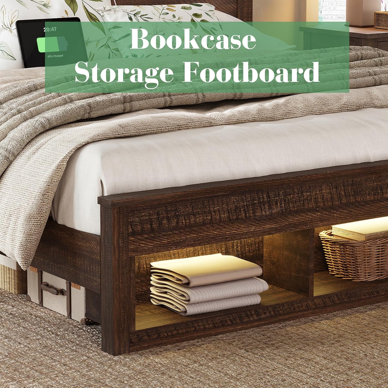 Albott Farmhouse Full Size Bed Frame with Storage/Bookcase Headboard & Footboard, Wood Platform Bed with LED Lights/Charging Station, Heavy-Duty Metal Support/No Box Spring Needed/Noise-Free, Brown