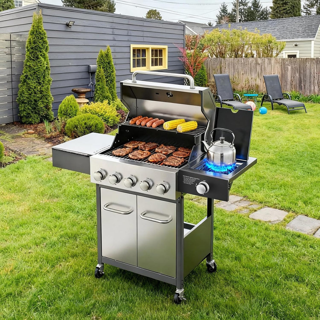 Veralune 5 Burner Propane Gas Grill with Side Burner, 5 Burner Outdoor Cooking Grill, BBQ Gas Grill, 68,000 BTU Heavy-Duty, Stainless Steel, Electronic Ignition System, Built-in Thermometer