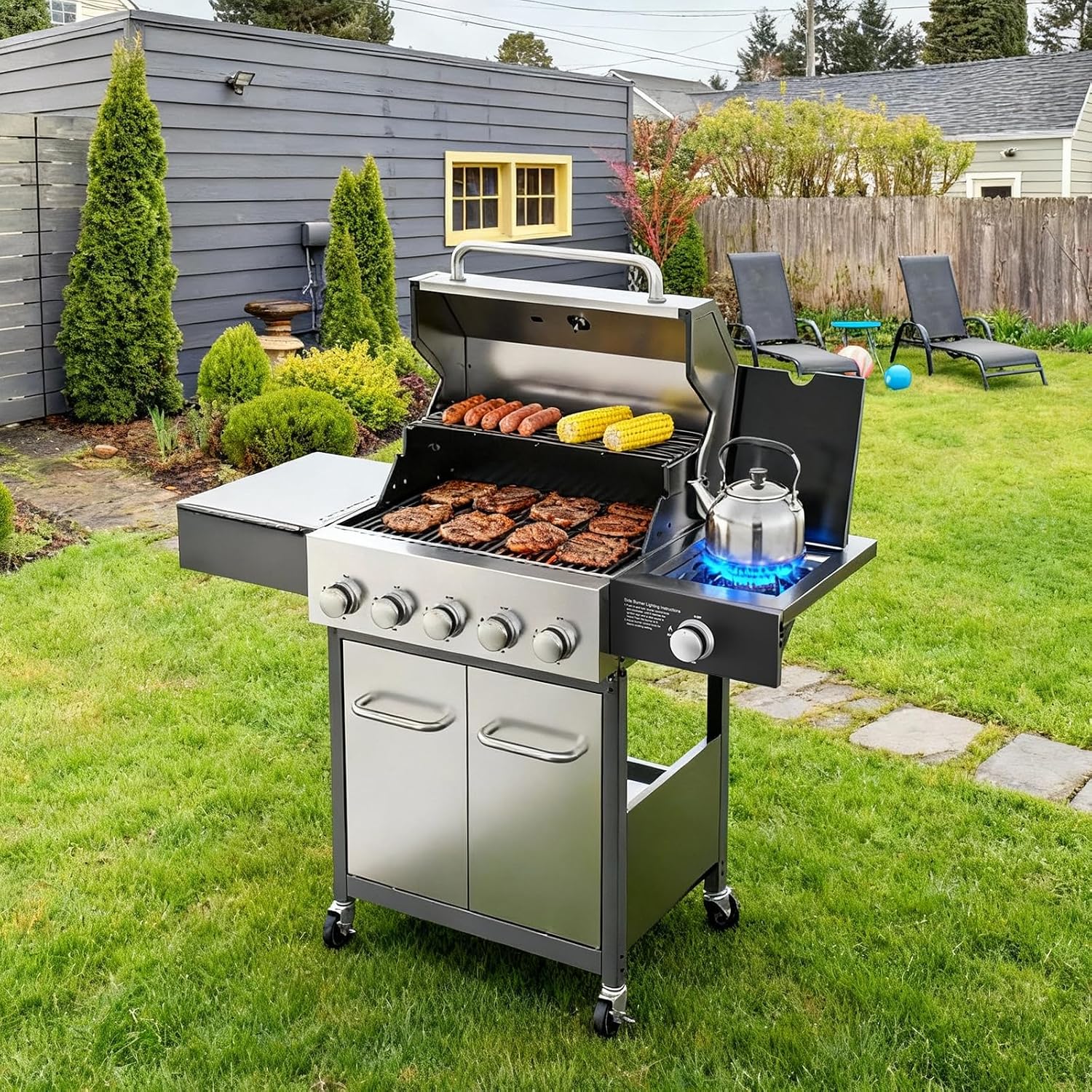 Veralune 5 Burner Propane Gas Grill with Side Burner, 5 Burner Outdoor Cooking Grill, BBQ Gas Grill, 68,000 BTU Heavy-Duty, Stainless Steel, Electronic Ignition System, Built-in Thermometer