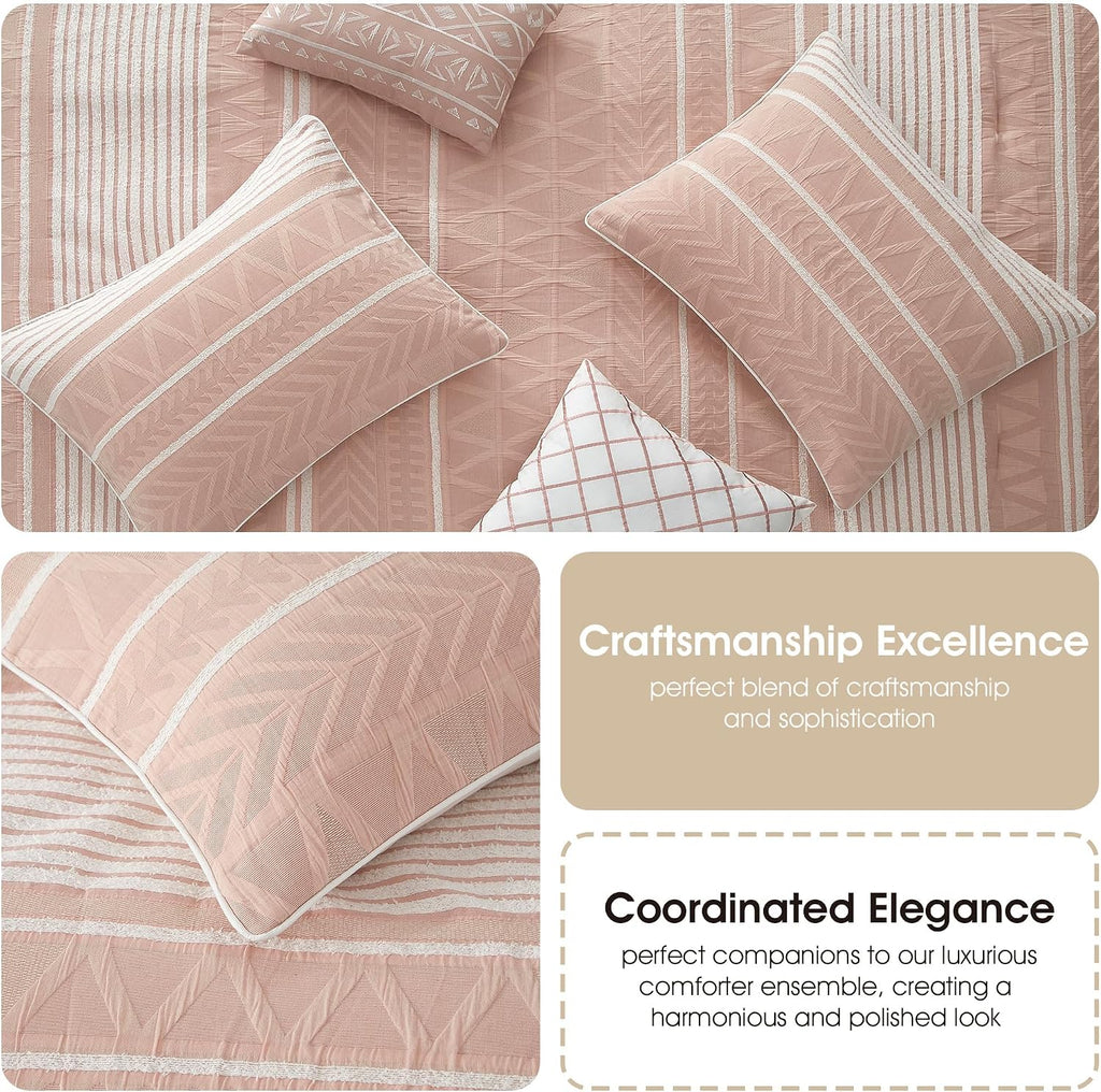 Stratford Park Cotton Queen Size Comforter Set, Blush Geometric Jacquard Bedding Set, Cozy 6 Piece Bedding Set, Bedskirt, Pillows & Shams, Home Decor