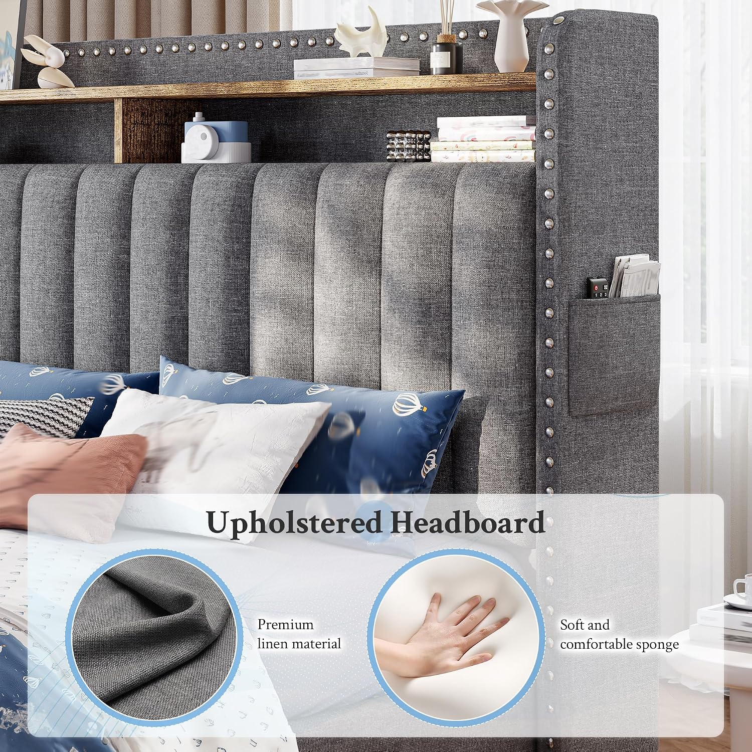 EnHomee Twin Fabric Upholstered Bed Frame with 2-Tier Vertical Channel Tufted Headboard and 2 Storage Drawers, Extra Storage Space for Bedroom Apartment,Grey