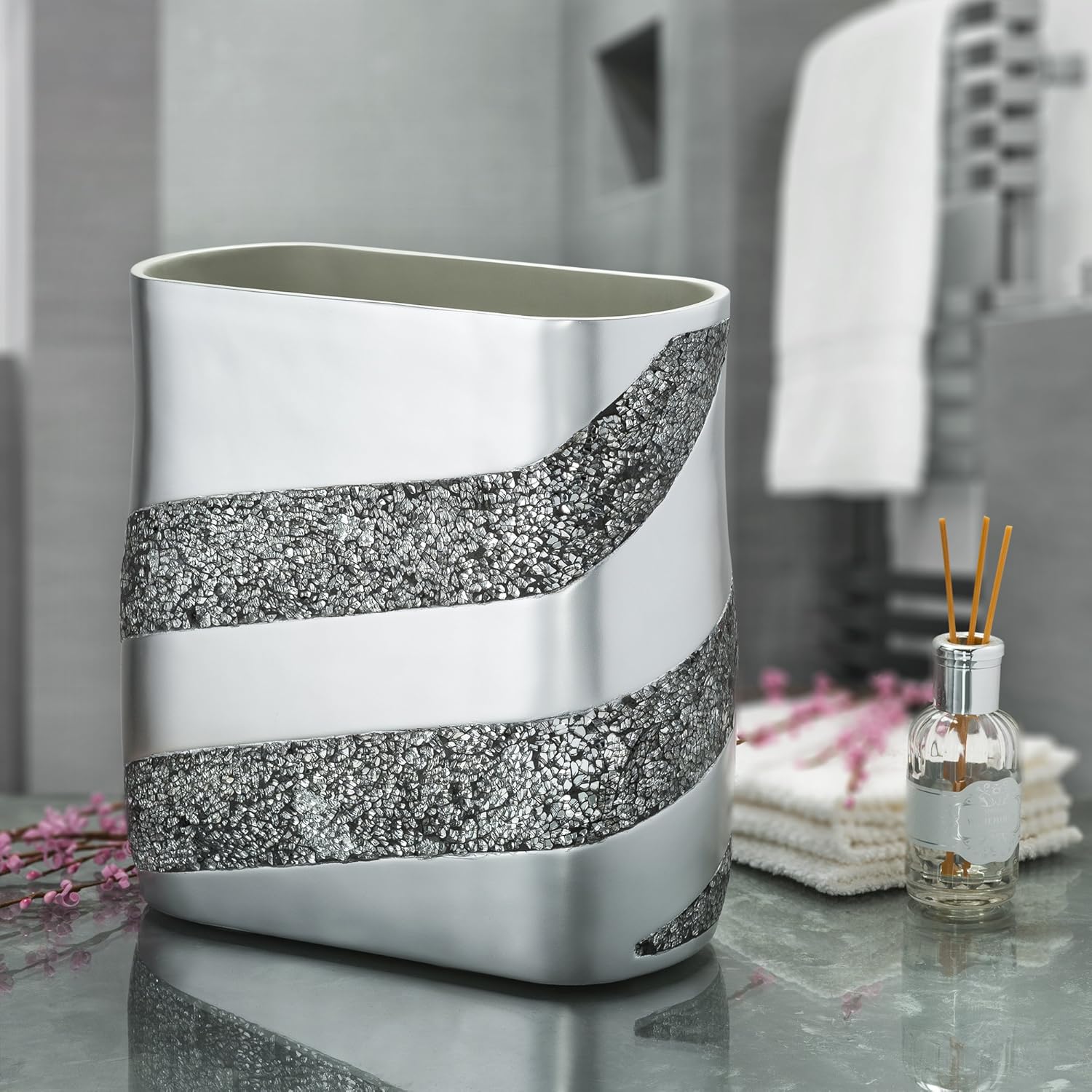 Creative Scents Silver Mosaic Bathroom Accessories Set Complete - 6 Piece Bathroom Set Includes: Bathroom Trash Can, Tissue Cover, Soap Dispenser, Toothbrush Holder, Tumbler & Soap Dish