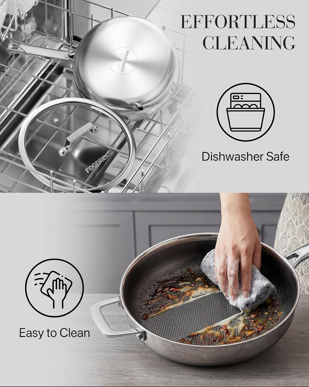FogDream Titanium Non Stick Frying Pan, 10in Tri-Ply Stainless Steel Deep Saute Pan, All-in-One Cookware Set(Spatulas&Steamer), Stay Cool Handle, Dishwasher & Oven-Safe,Induction Compatible,Silver