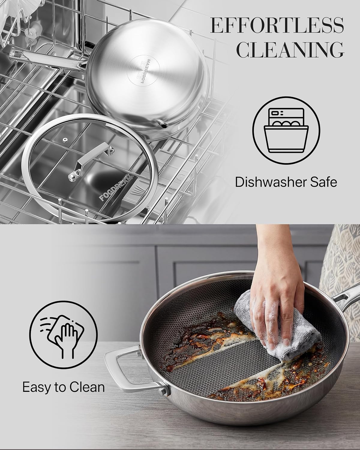 FogDream Titanium Non Stick Frying Pan, 10in Tri-Ply Stainless Steel Deep Saute Pan, All-in-One Cookware Set(Spatulas&Steamer), Stay Cool Handle, Dishwasher & Oven-Safe,Induction Compatible,Silver