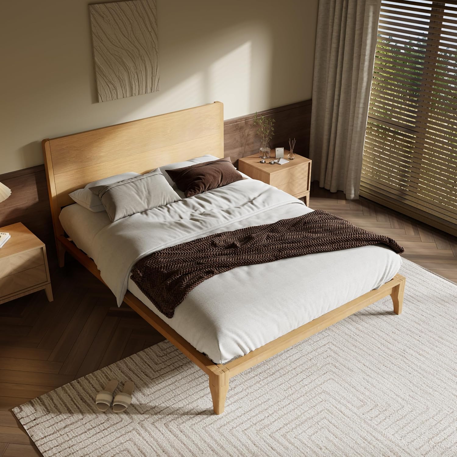 Merax Queen Size Bamboo Platform Bed, Mid-Century Modern Bed Frame with Tall Headboard, Solid Sustainable Bedframe Queen-Size, Wood Slat Support, No Box Spring Needed, Easy Assembly, Natural