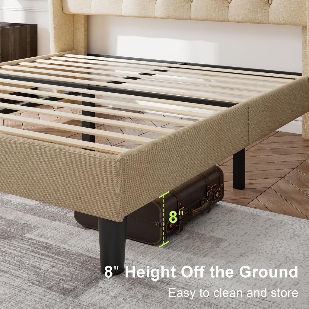 Feonase Queen Bed Frame with Diamond Tufted Wingback Headboard, Morden Upholstered Platform Bedframe, Sturdy Wooden Slats Support, Noise-Free, Easy Assembly, No Box Spring Needed, Beige
