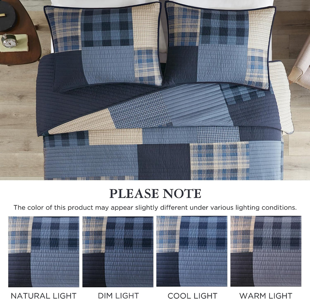 Woolrich Winter Hills Reversible Quilt Set - Cottage Styling Reversed to Solid Color, All Season Lightweight Coverlet, Cozy Bedding Layer, Matching Shams, Oversized Full/Queen, Plaid Blue 3 Piece