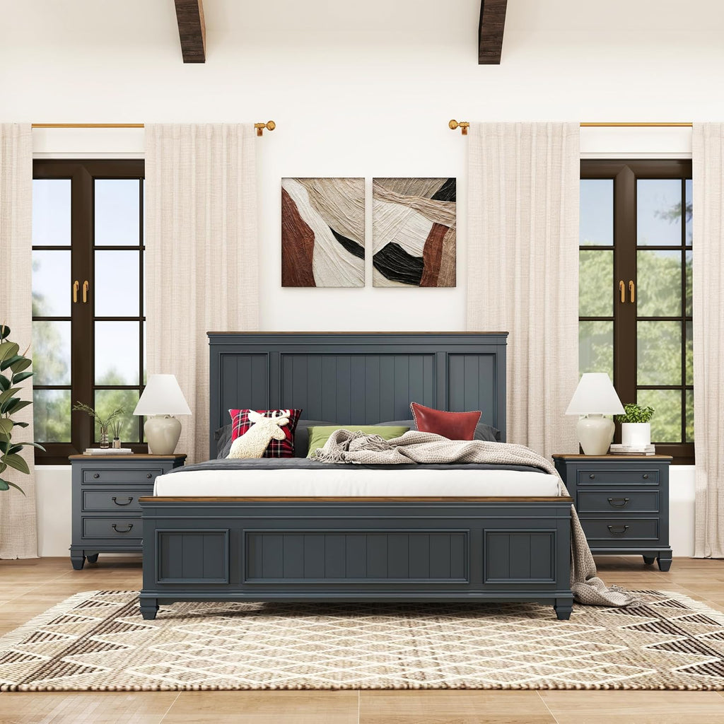 Roundhill Furniture Riverton Wood 3-Piece Bedroom Set, Shiplap Panel King Bed with 2 Nightstands in Slate Blue