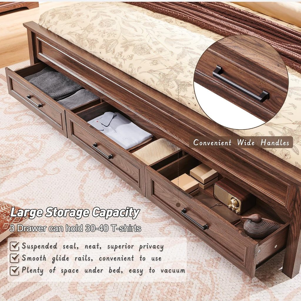 ACCOHOHO Farmhouse Queen Size Bed Frame with 52' Tall Headboard, Wood Platform Bedframe with Footboard and Storage Drawers, No Squeak, No Box Spring Needed, Brown