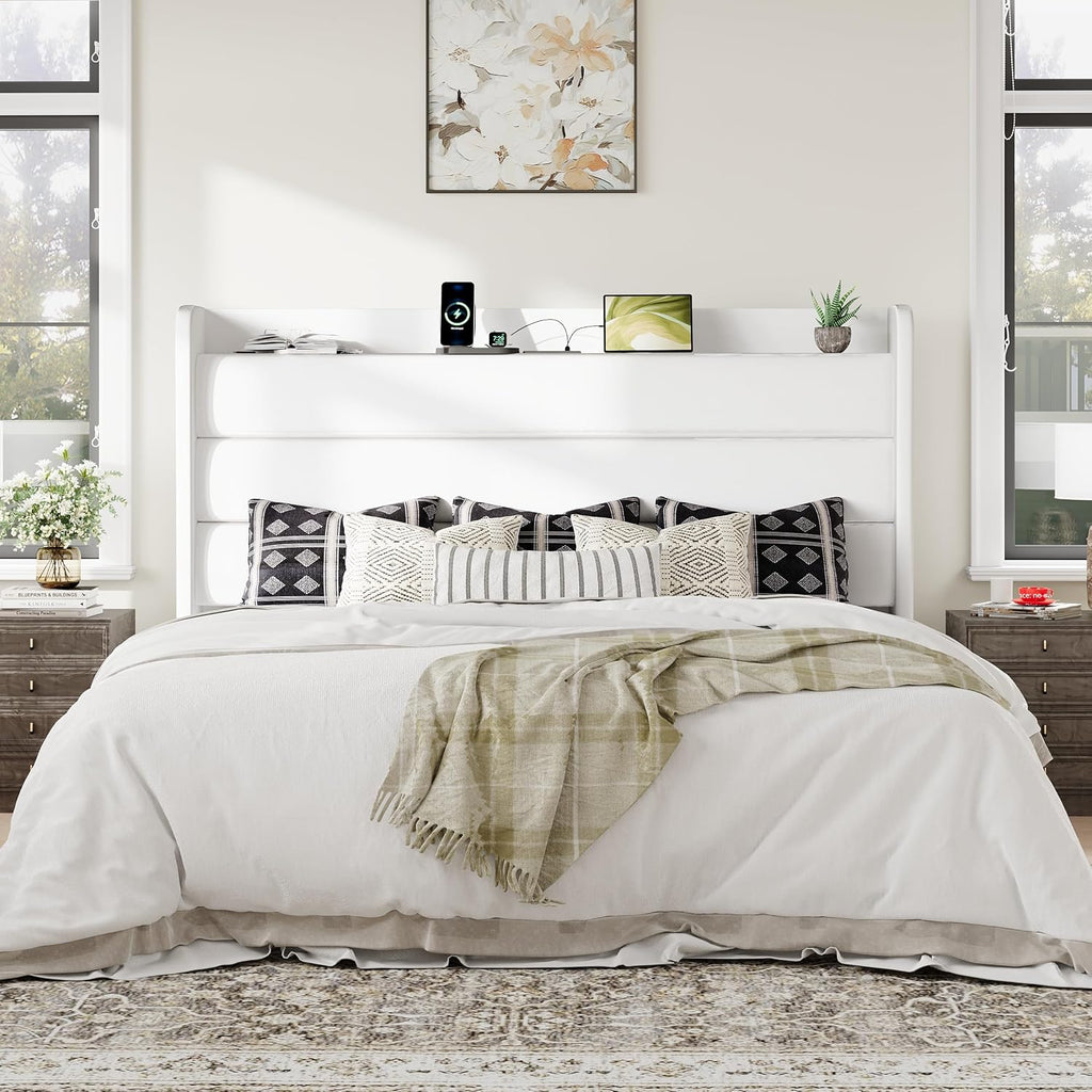 Allewie King Size Upholstered Bed Frame with Charging Station & Storage Headboard, Soft Velvet Wingback Platform Bed, Strong Wooden Slats Support, No Box Spring Needed, Easy Assembly, White