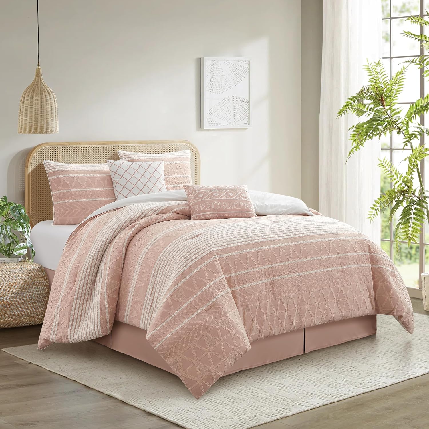 Stratford Park Cotton California King Comforter Set, Blush Geometric Jacquard Bedding Set, Cozy 6 Piece Bedding Set, Bedskirt, Pillows & Shams, Home Decor