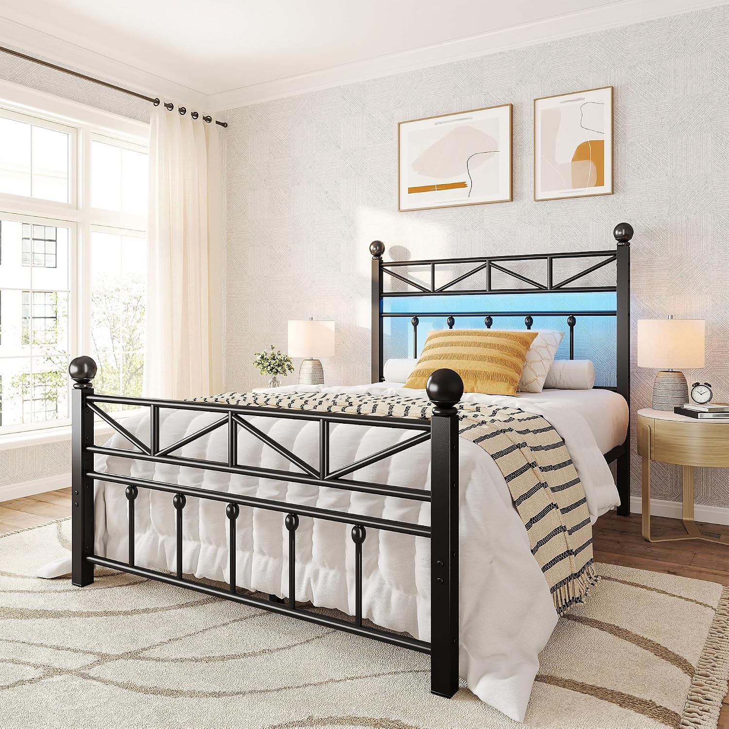 EnHomee 14.2' Metal Twin Bed Frames with Tall Headboard & Footboard, LED Light Twin Bed Frame, Strong Metal Slats Support and Noise-Free Design with Under Bed Storage/No Box Spring Needed/Black