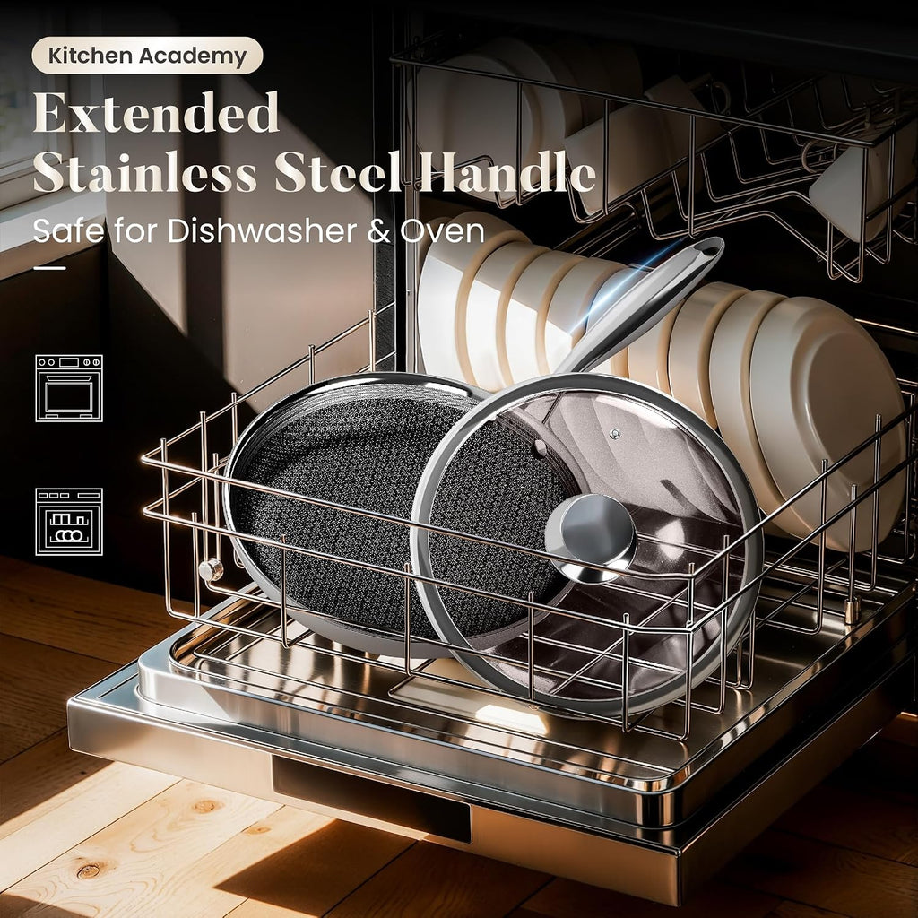 Kitchen Academy 6Pcs 18/10 Stainless Steel Frying Pan Set, 3-Ply 8/10/12 Inch Induction Ready Skillet with Lids, Dishwasher & Oven Safe, PFOA and PFAS Free