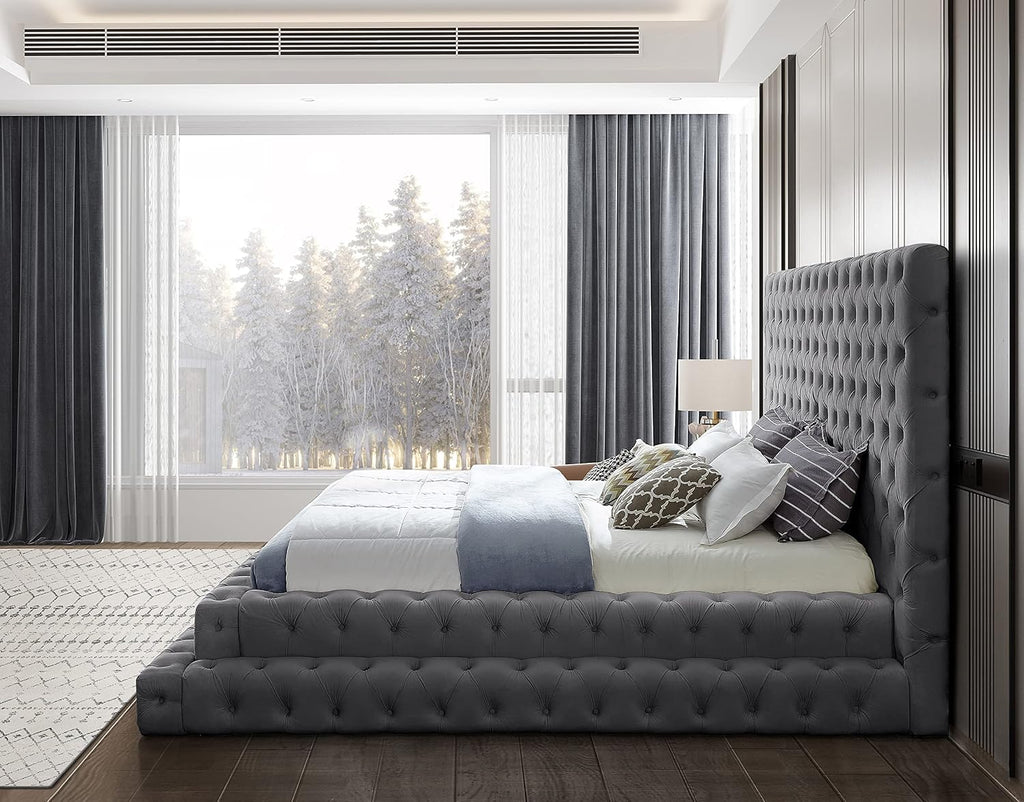 Meridian Furniture RevelGrey-K Revel Collection Modern | Contemporary Grey Velvet Upholstered Bed with Deep Button Tufting, 101' W x 98' D x 60' H, Grey, King