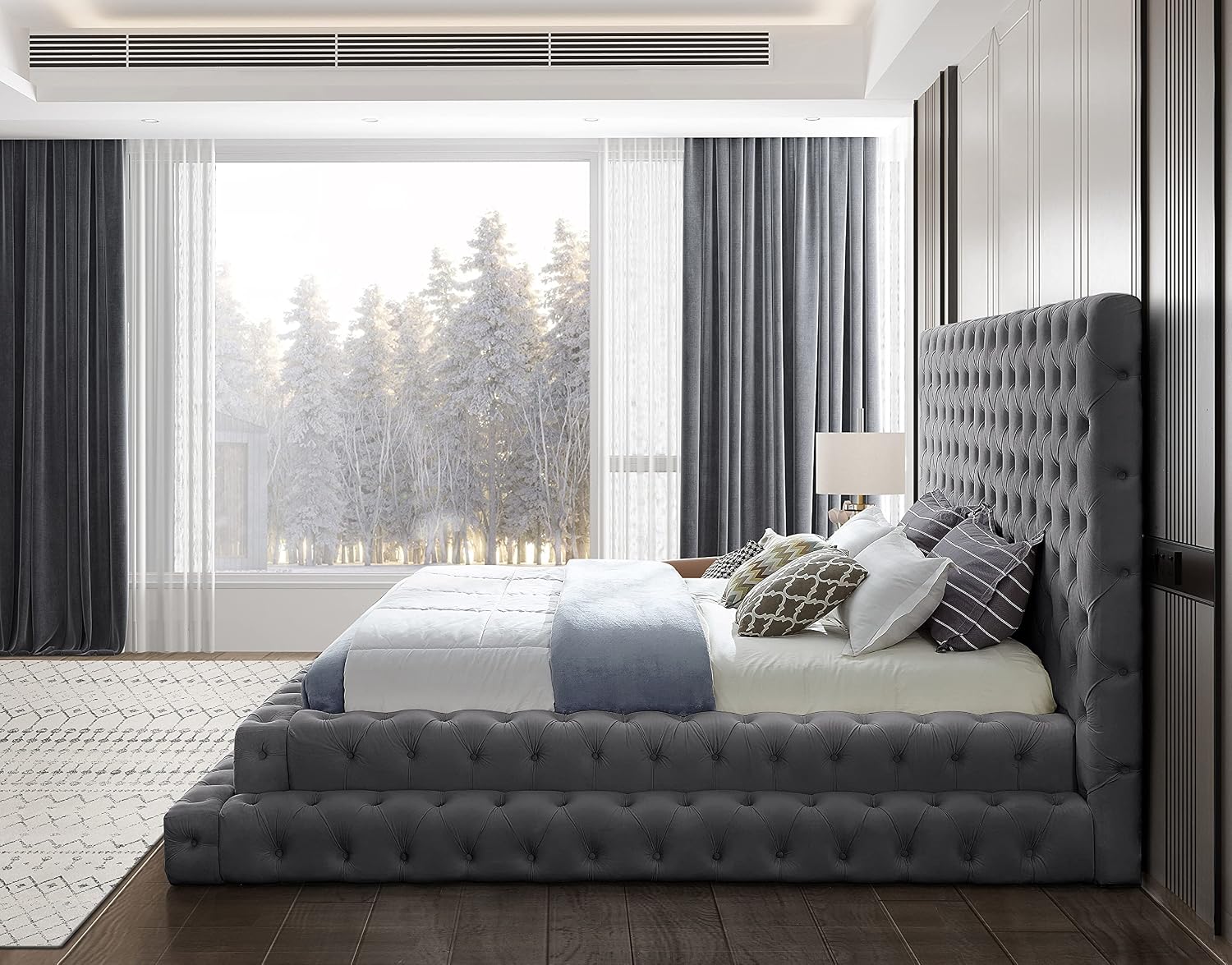 Meridian Furniture RevelGrey-K Revel Collection Modern | Contemporary Grey Velvet Upholstered Bed with Deep Button Tufting, 101' W x 98' D x 60' H, Grey, King