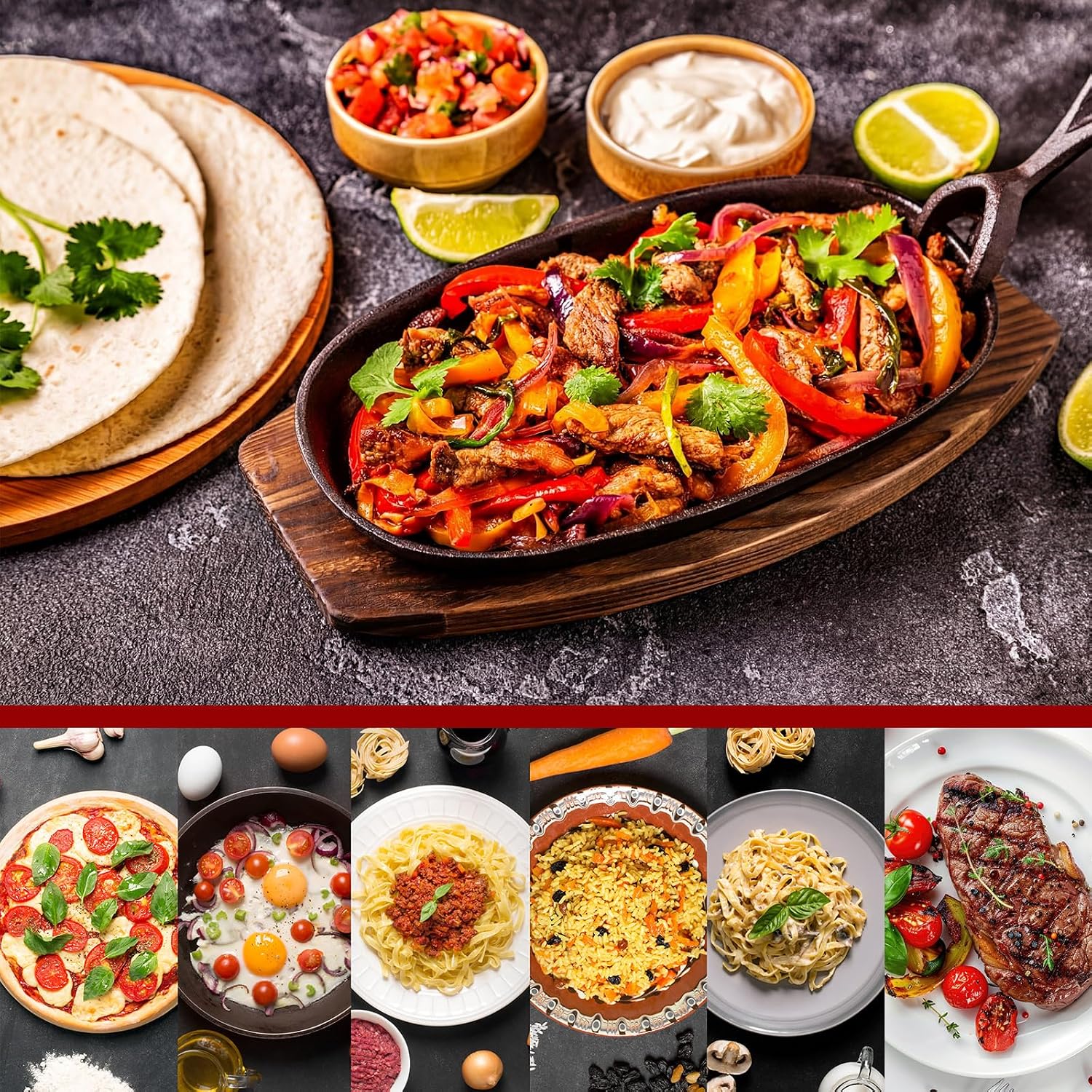 Mifoci 12 Pcs Oval Cast Iron Fajita Skillet Pan Set Small Sizzling Steak Plate with Wooden Base and Handle Cast Iron Fajita Skillet Sizzling Plate for Home Resturant (9.5 in x 5.5 in, Natural Wood)