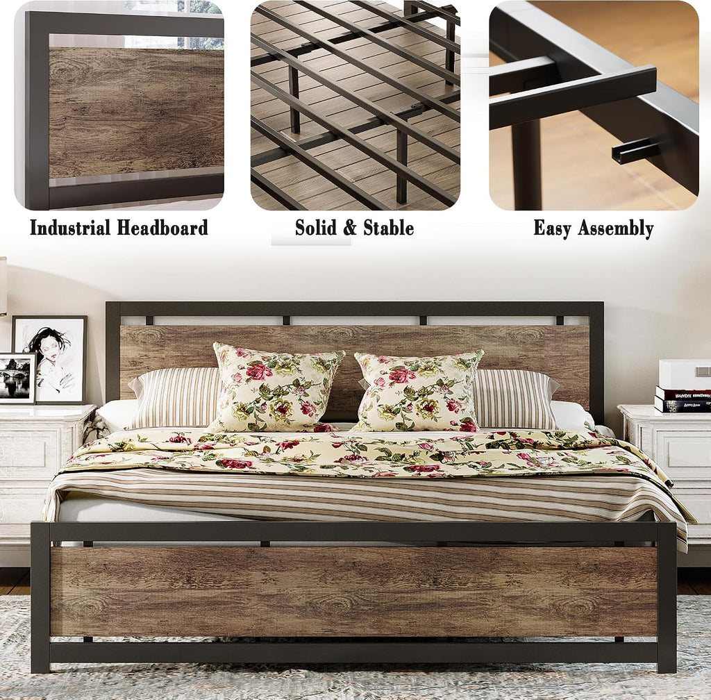 LIKIMIO King Bed Frame with Headboard and Footboard, Metal Strong Supports, Easy Assembly, Noise-Free, No Box Spring Needed, Walnut