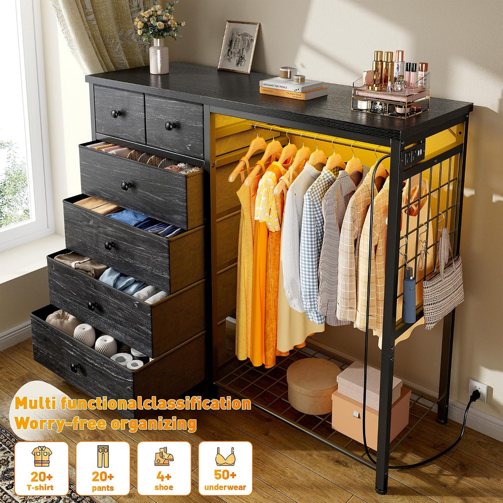 EnHomee 49.2' W Dresser for Bedroom with Hanging Rack 6 Drawers Dresser with LED Lights & Charging Station, Fabric Dressers & Chest of Drawers with 4 Hooks, Wooden Top, Grid Panel, Black