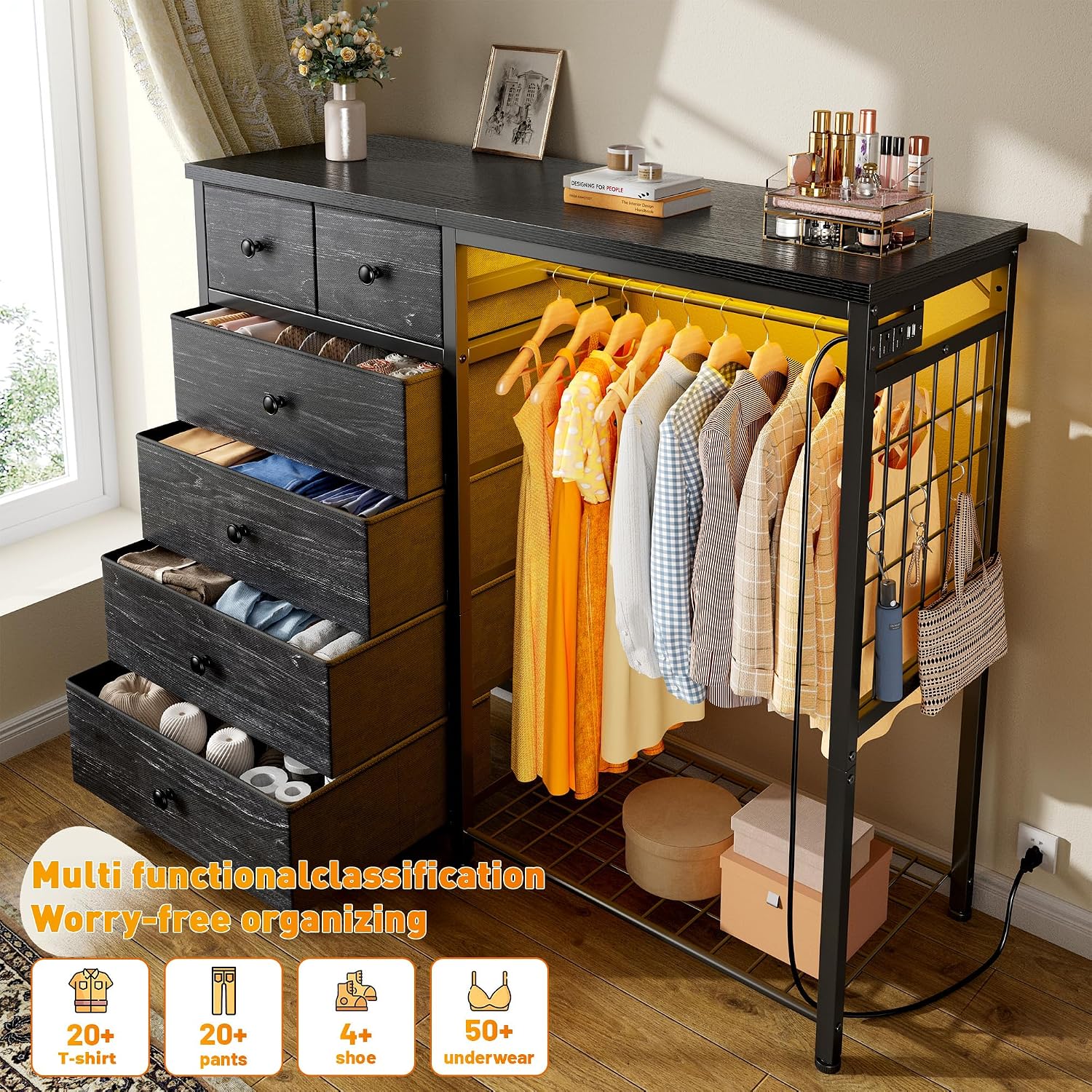 EnHomee 49.2' W Dresser for Bedroom with Hanging Rack 6 Drawers Dresser with LED Lights & Charging Station, Fabric Dressers & Chest of Drawers with 4 Hooks, Wooden Top, Grid Panel, Black