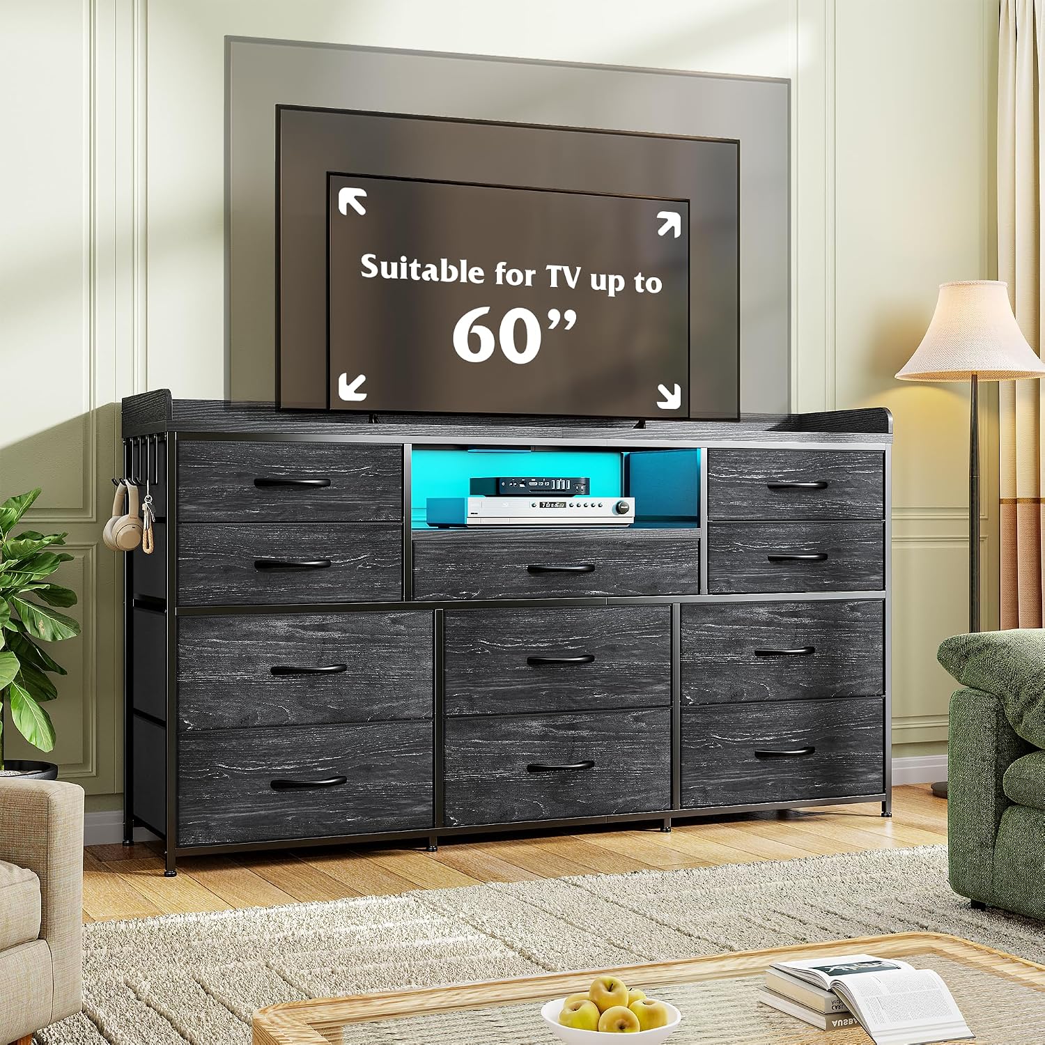 EnHomee Dresser TV Stand with 11 Drawers, 60' TV Stand with LED Lights & Power Outlets, Long Dresser for Bedroom with Shelves & 4 Hooks for Dorm, Hallway, Charcoal Black