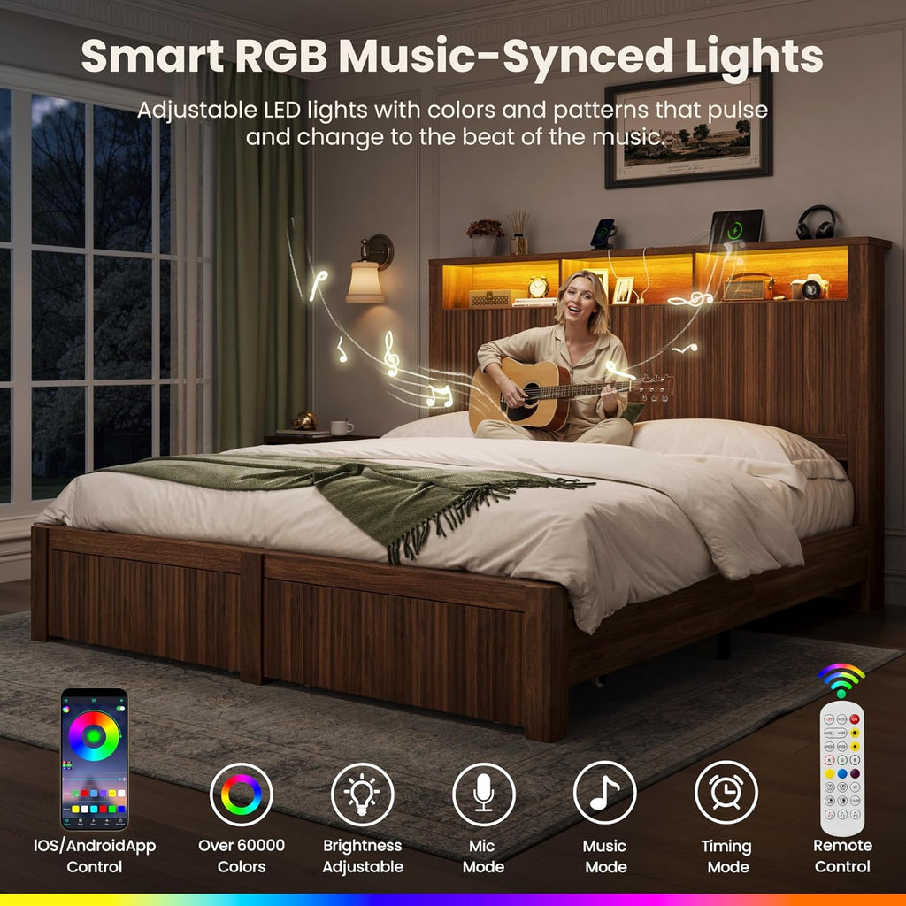 CypBed Queen Size Bed Frame with Headboard and Storage Drawers, Queen Bed Frame with LED Light and Charging Port, Farmhouse Wavy Wood Design, Wood & Metal Platform, Noise-Free, No Box Spring Needed