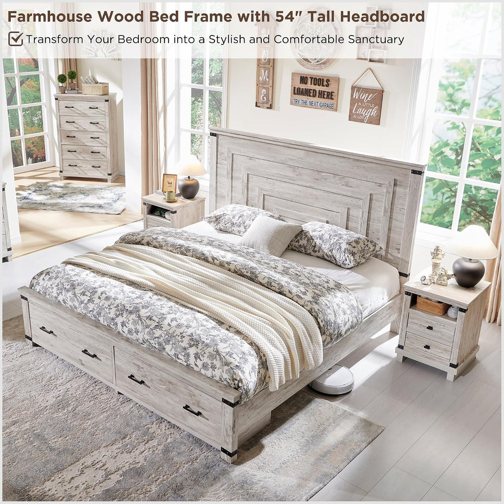 RedLemon Farmhouse Queen Size Bed Frame w/ 54' Tall Geometric Headboard, Rustic Wood Platform Bed w/ 2 Large Storage Drawers, Wood Slats Support, Noise Free, No Box Spring Needed, Antique Brush White