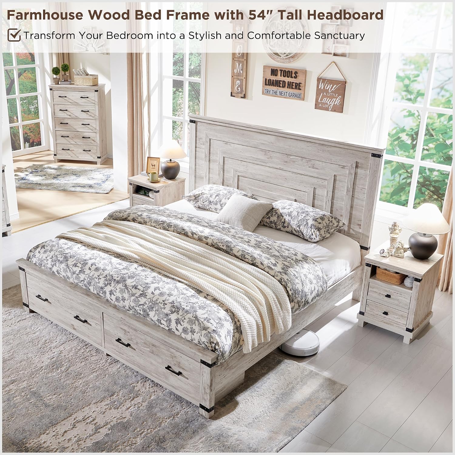 RedLemon Farmhouse Queen Size Bed Frame w/ 54' Tall Geometric Headboard, Rustic Wood Platform Bed w/ 2 Large Storage Drawers, Wood Slats Support, Noise Free, No Box Spring Needed, Antique Brush White