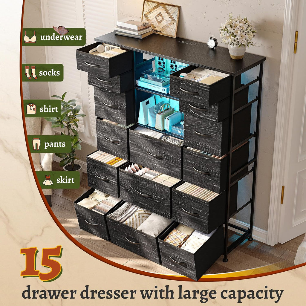 EnHomee 51' H Dresser with 15 Drawers Dresser for Bedroom with Charging Station & LED Lights & Hutch Sturdy Black Bedroom Dressers, Steel Frame, Wood Top, 51.2' H x 39.3' W x 11.8' D