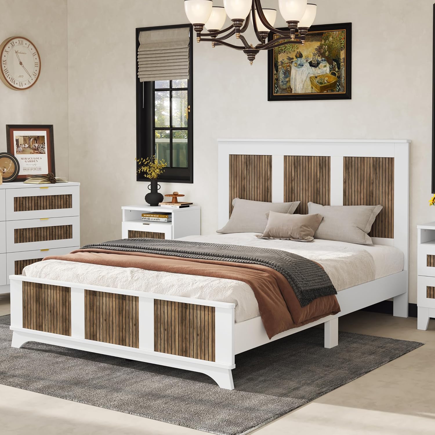 Merax Queen Size Farmhouse Wooden Platform Bed,Modern Bed Frame with Wooden Strip Decoration Headboard and Footboard, Plywood Slats Support, No Box Spring Required, White