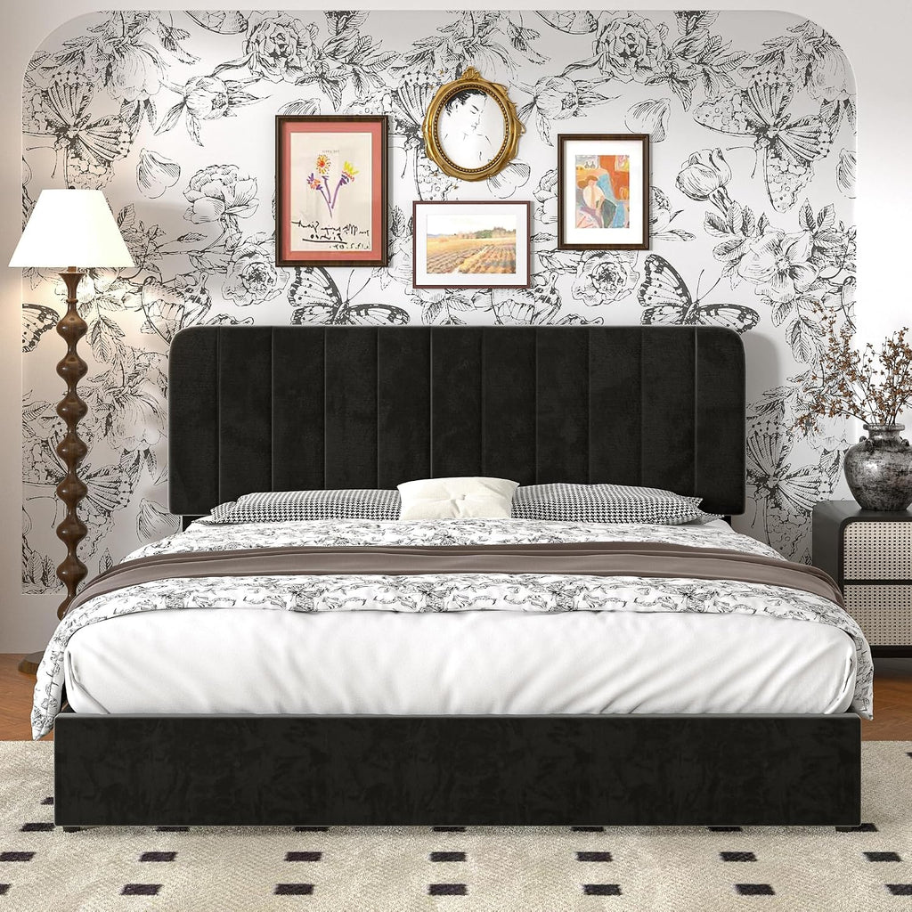 VECELO King Size Upholstered Bed Frame with 4 Drawers and Headboard, Velvet Platform Storage Bedframe, Wooden Slats Support, No Box Spring Needed,Black
