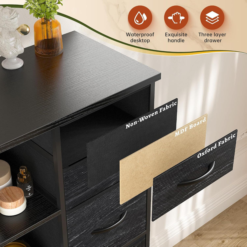 EnHomee 51' H Dresser with 15 Drawers Dresser for Bedroom with Charging Station & LED Lights & Hutch Sturdy Black Bedroom Dressers, Steel Frame, Wood Top, 51.2' H x 39.3' W x 11.8' D