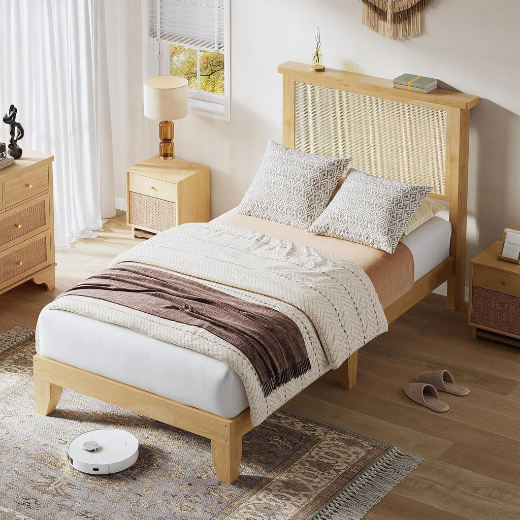 coucheta Rattan Bed Frame Twin with Natural Rattan Headboard,Twin Bed Frame with LED Lights, Bed with Headboard,Solid Wood Bed Legs with Silent Slats,No Box Spring Needed