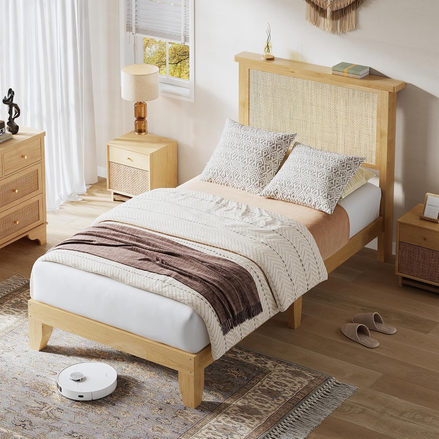 coucheta Rattan Bed Frame Twin with Natural Rattan Headboard,Twin Bed Frame with LED Lights, Bed with Headboard,Solid Wood Bed Legs with Silent Slats,No Box Spring Needed